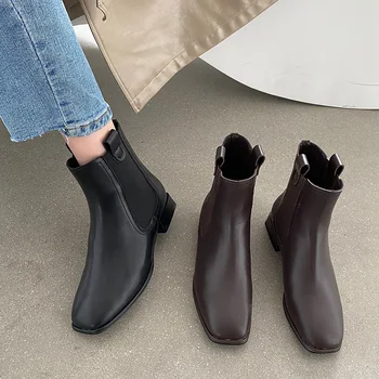 

INS 2020 Winter Fashion Women Low Heels Ankle Boots Vintage Lady Slip On Chelsea Boots Casual Square Toe Flat Boots Party Shoes