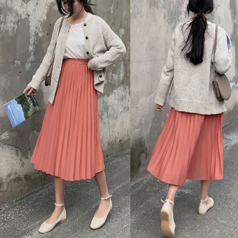 Элегантная однотонная плиссированная юбка миди для женщин осень зима Женская Корейская Высокая талия трапециевидная школьная длинная юбка для женщин