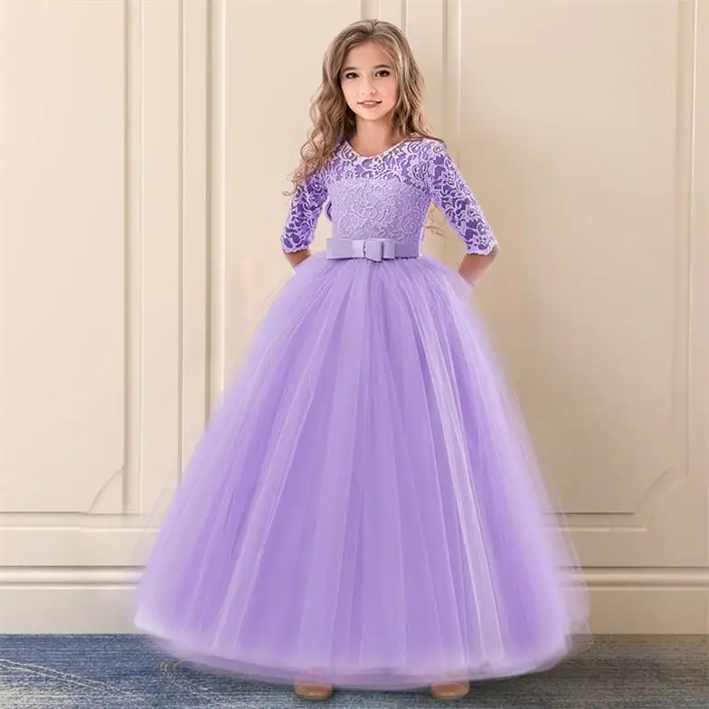 Кружевное платье с короткими рукавами для девочек; Детские платья для первого причастия для девочек; кружевной свадебный костюм принцессы из тюля для маленьких детей; детская одежда - Цвет: Purple