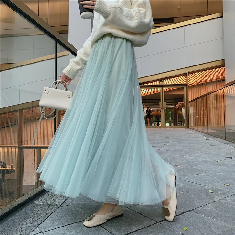 

Mesh Long Pleated Skirts Womens 2020 New Korean Style Autumn Winter Elastic High Waist Solid A Line Maxi Skirt Faldas Femme