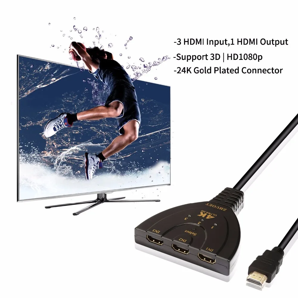 4 к* 2 к 3D Мини 3 порта HDMI коммутатор 1.4b 4 к Коммутатор HDMI сплиттер 1080P 3 в 1 выход порт концентратор для DVD HDTV Xbox PS3 PS4
