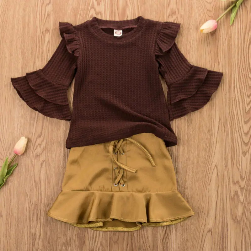 Осенне-зимняя футболка, Топы, хлопковая мини-юбка, комплект для новорожденных, для маленьких девочек, с длинными рукавами, платье одежда наряд, юбка с оборками
