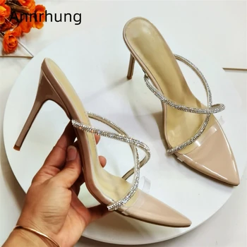 

Sexy Pointed Toe PVC Transparent Women Slippers Stiletto Heel Open Toe Cross Narrow Band Rhinestone Summer Shoes Woman