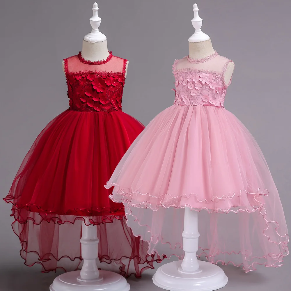 Girls Trailing Flowers Tulle Holiday Parties Asymmetrical Dress Wedding Birthday baby Girl Frocks For 8 10 12 14 16 Years | Детская