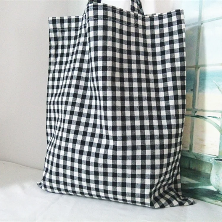 

Plaid Cloth Bag Cotton Linen Environmentally Friendly Black And White with Pattern Literature And Art College Style Hand Shoulde