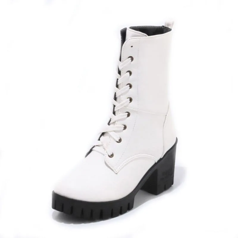 Tuyoki Size 34-43 Women High Heel Boots Lace Up Platform Boots Warm Winter Shoes Thick Heeled Botas Woman Footwear