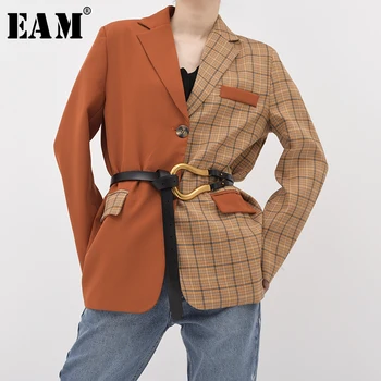 

[EAM] Women Orange Plaid Split Big Size Blazer New Lapel Long Sleeve Loose Fit Jacket Fashion Tide Spring Autumn 2020 1W47115