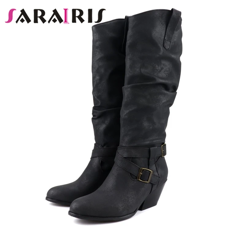 

SARAIRIS Hot Sale Ladies Med Chunky Heels Boots Retro Western Boots Women Fashion Pleated mid-calf Shoes Woman