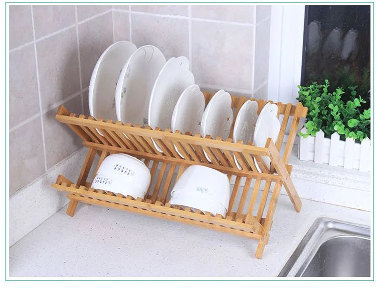 2-layer folding natural bamboo kitchen storage display stand Drying Tea coffee cup dish plate, dish storage rack Air drying 470m