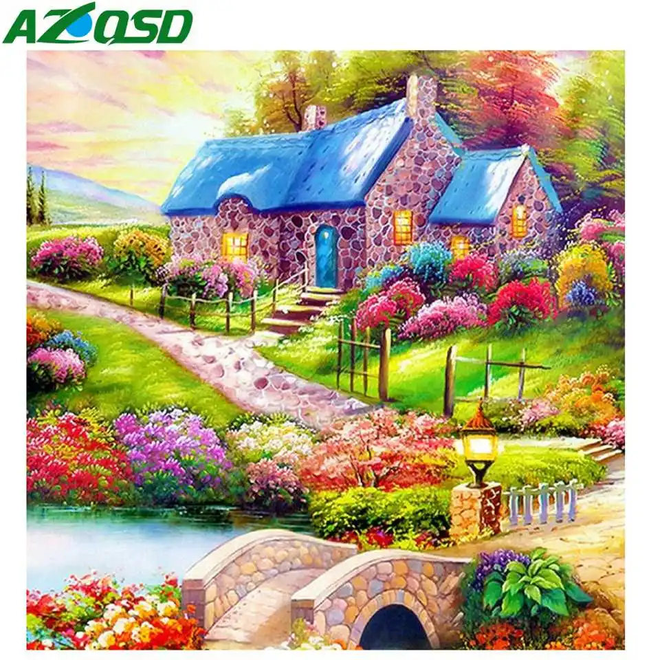 AZQSD Diamond Mosaic Scenery Painting House Handmade Needlework Full Kit Home Decor Crafts Picture Of Rhinestones | Дом и сад