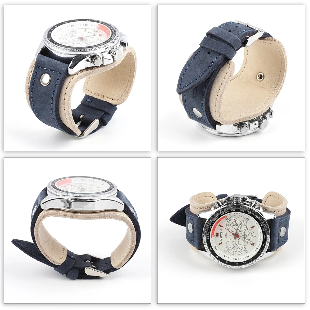 Genuine Leather Watchband 22mm Strap With Mat Handmade Men's Wrist Watch Band Blue White Tray Bands Bracelet Watch Accessories