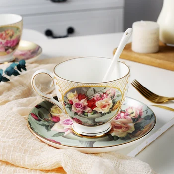 

European Bone China Coffee Cup Set High Quality Creative Luxury Vintage Afternoon Espresso Cups Tazas De Cafe Drinkware DA60BY