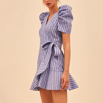 

Summer Ruffles Dress Women Asymmetric High Waist Belted Wrap Dress 2020