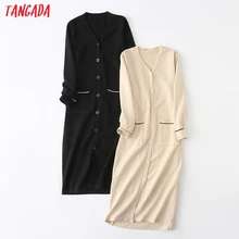 Tangada, женское элегантное платье-свитер миди, Осень-зима, v-образный вырез, пуговицы, длинный рукав, винтажный мягкий длинный джемпер YU24