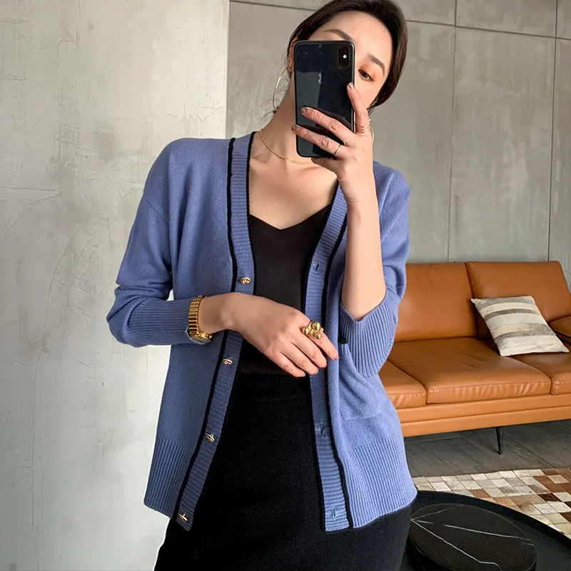 Spring New V-neck Jackets Women 100% Wool Knitted Long Sleeve Cardigans Female 4Colors Woolen Jackets Woman Standard Clothes