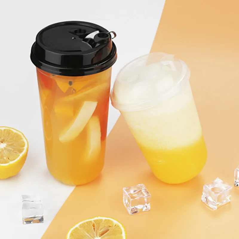 

50pcs High quality 90 caliber transparent cups 500ml 16oz u shape disposable coffee cup takeaway packaging plastic cup with lid