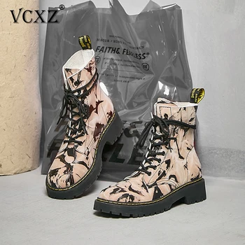 

VCXZ 2020 fashion Genuine Leather Graffiti Boots For Women Lace Up Platform Boots Women Autumn Women Boots All-match girl Shoes