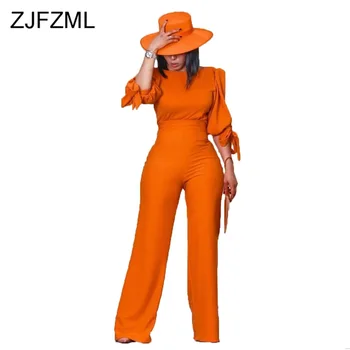 

Casual Ruched Two Piece Matching Set Women O Neck Puff Sleeve Bodycon Tops + High Waist Wide Leg Pants 2 piece female tracksuit