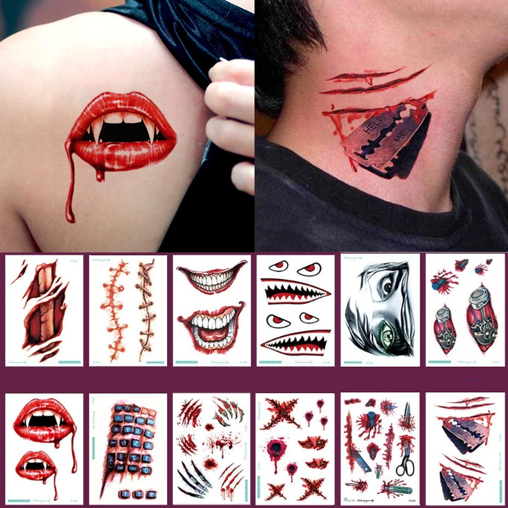 Halloween Tattoo Sticker Face Decoration Horror Fake Tattoo Wound Scar  Sewing Needle Bite Teeth Waterproof Lasting - Temporary Tattoos - AliExpress