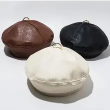 Britich стиль ретро для женщин и девочек из искусственной кожи берет кепки сплошной цвет металлическое кольцо Топ Регулируемая Повседневная Классическая художница восьмиугольная кепка