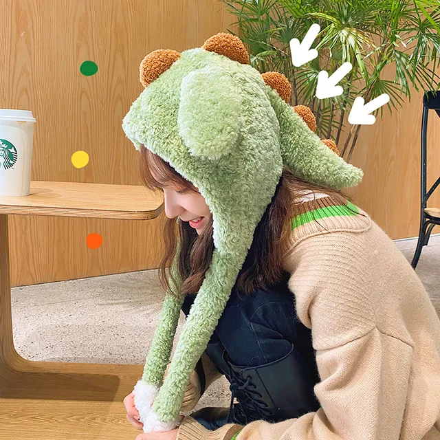 Women Winter Bomber cap Fluffy Plush Hoodie Scarf Hat with Moving Jumping Ears Female Funny Cartoon Dinosaur  Warm Earflap Cap 2