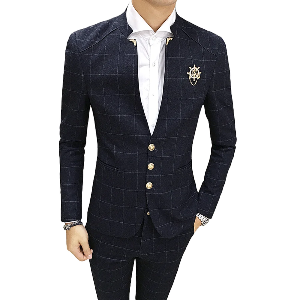 

2PCS/Set Jacket with Pants Slim Fit Mens Prom Suits Party Dress Suit Business Wedding Classic Mandarin Collar Plaid Design