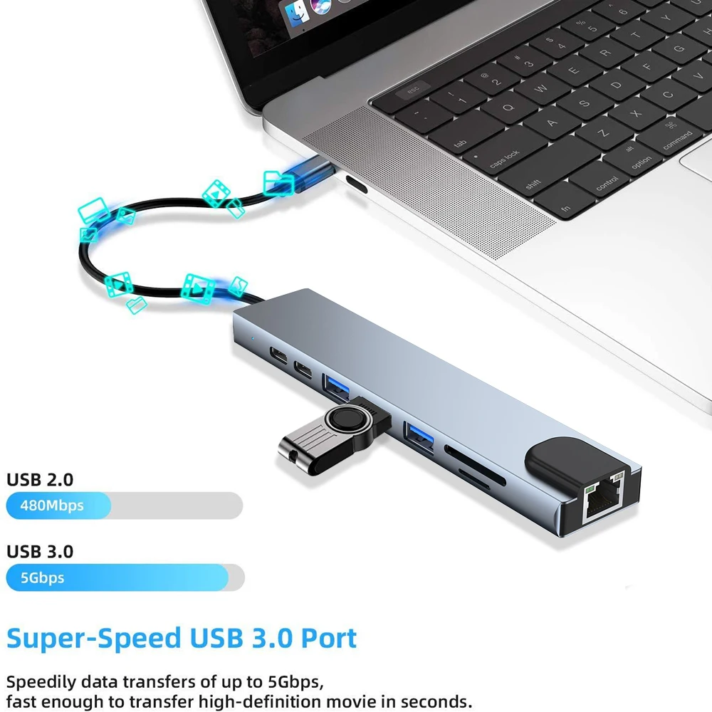 USB C Hub 8-in-1 Docking Station HDMI 4K Ethernet PD 100W Adapter