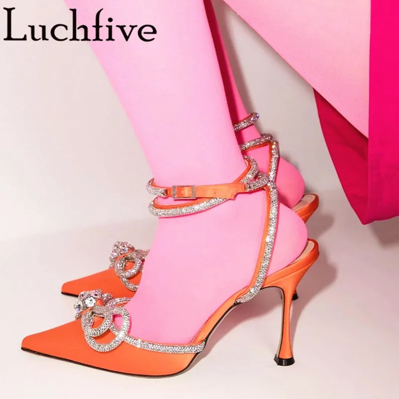 Сандалии женские атласные на тонком высоком каблуке босоножки с кристаллами