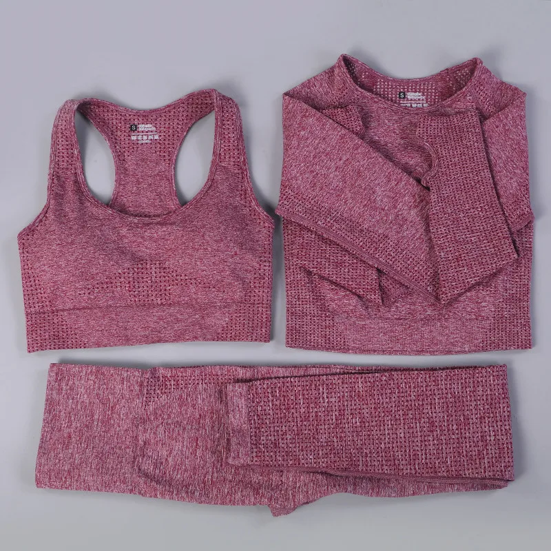 Conjunto de Yoga sin costuras para mujer, Top corto camisetas de manga larga, Leggings de Fitness de cintura alta, trajes deportivos de entrenamiento de realce, ropa de gimnasio