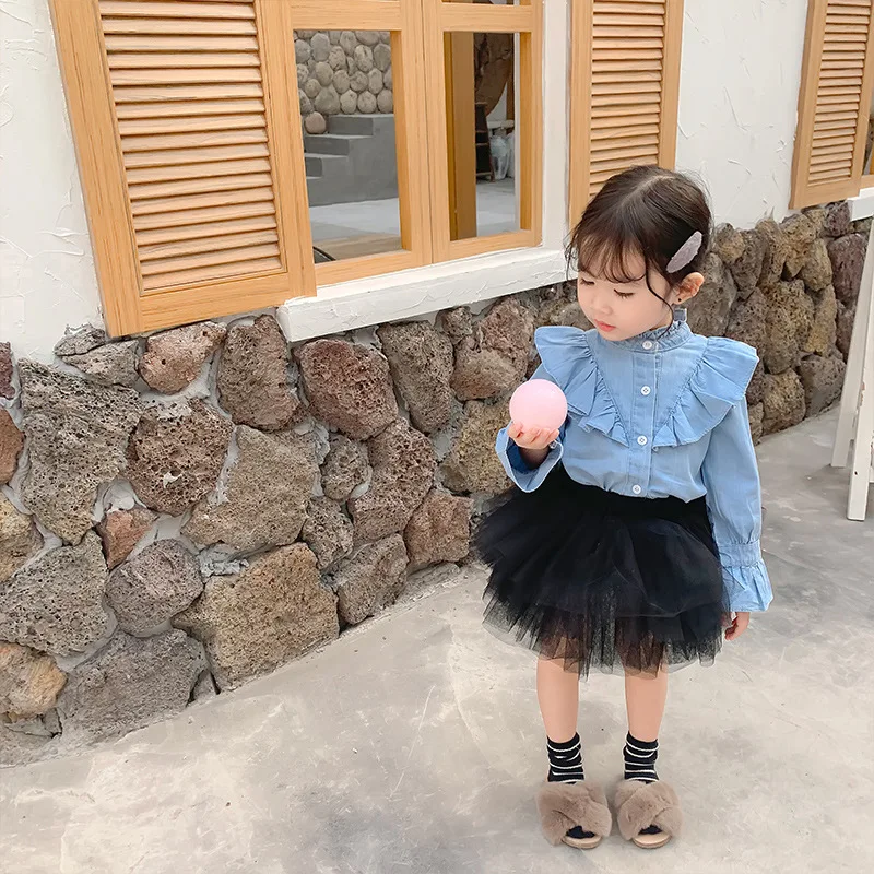 

A mu hou Childrenswear 2019 Autumn And Winter New Style Sweet Girls Pure Cotton TN Retro Lace-up Denim Shirt Tops