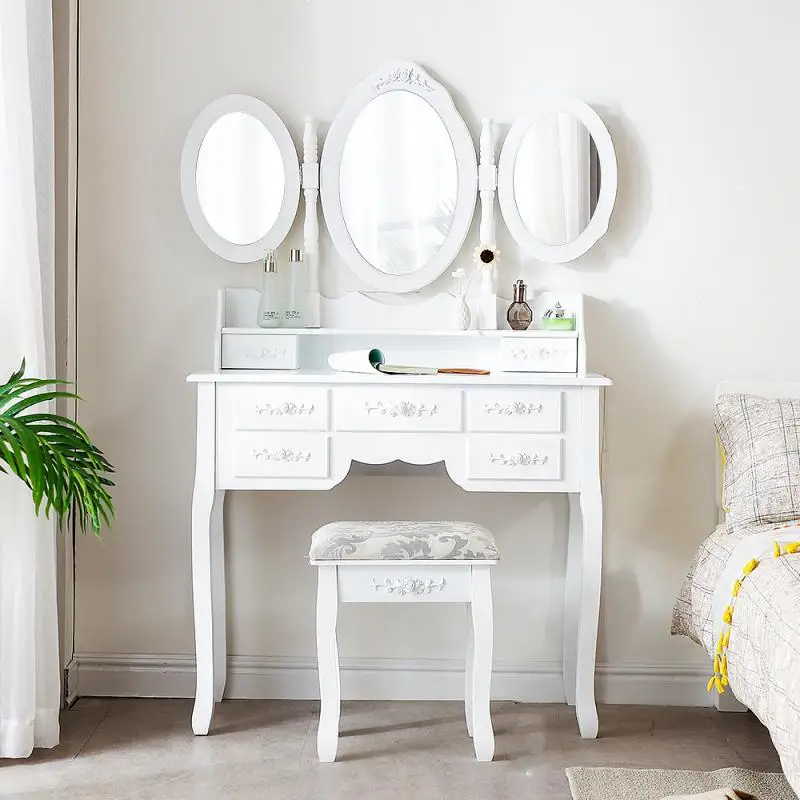 Description Picture 4 of itemDressing Table Stool Bedroom Furniture White Mirror Makeup Table In MDF 7 Drawers 3 Oval Rotatable Mirrors Home Furniture HWC
