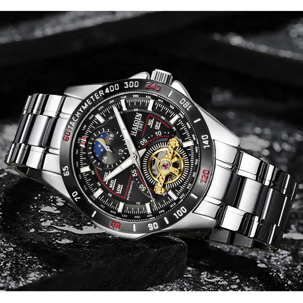 HAIQIN Mens Watches Automatic Mechanical Wrist Watch Waterproof Luminous Luxury Stainless Steel Military Watch Relogio Masculino