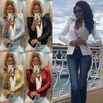 

Women Sequined Slim Casual Shoulder pad Blazer Jacket Top Outwear Long Sleeve Career Formal Long Coat Autumn Clothes