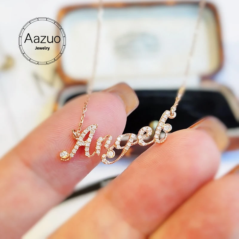 

Aazuo 18K Rose Gold Real Diamonds 0.18ct Classci Letter Angel Necklace With Chain 45CM Gifted for Women Wedding Link Chain Au750