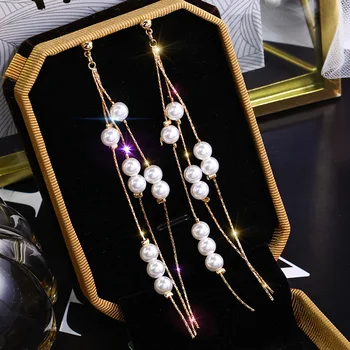 

Silver Color Needle Korean Fashion Lady Sweet Imitation Pearl Tassel Long Earrings For Women Luxury Earrings Crystal Earrings