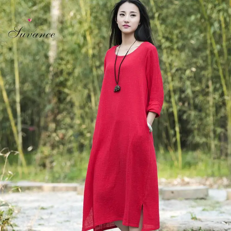 Женское хлопковое платье A Linen повседневное однотонное составного кроя с круглым