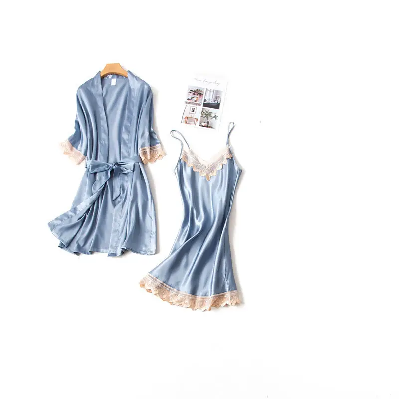Summer New Lace Fashion Women Sleepwear With Chest Pad Nightdress Short Cardigan Set Pajamas - Цвет: Gray-blue 2