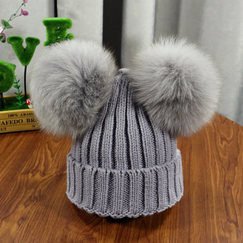 2021 New double natural Pom Poms hat Girls Boys Winter Warm Fur Pompom Ball Knitted Beanies Hat Skullies Beanies Cotton Bonnet 