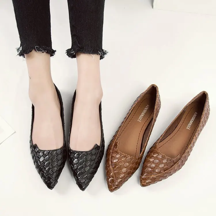 

Women's Pointed-Toe Flat Top Shoes Women's Summer 2018 New Style Korean-style Low-Cut Weaving Plaid Women's Slimming Versatile F