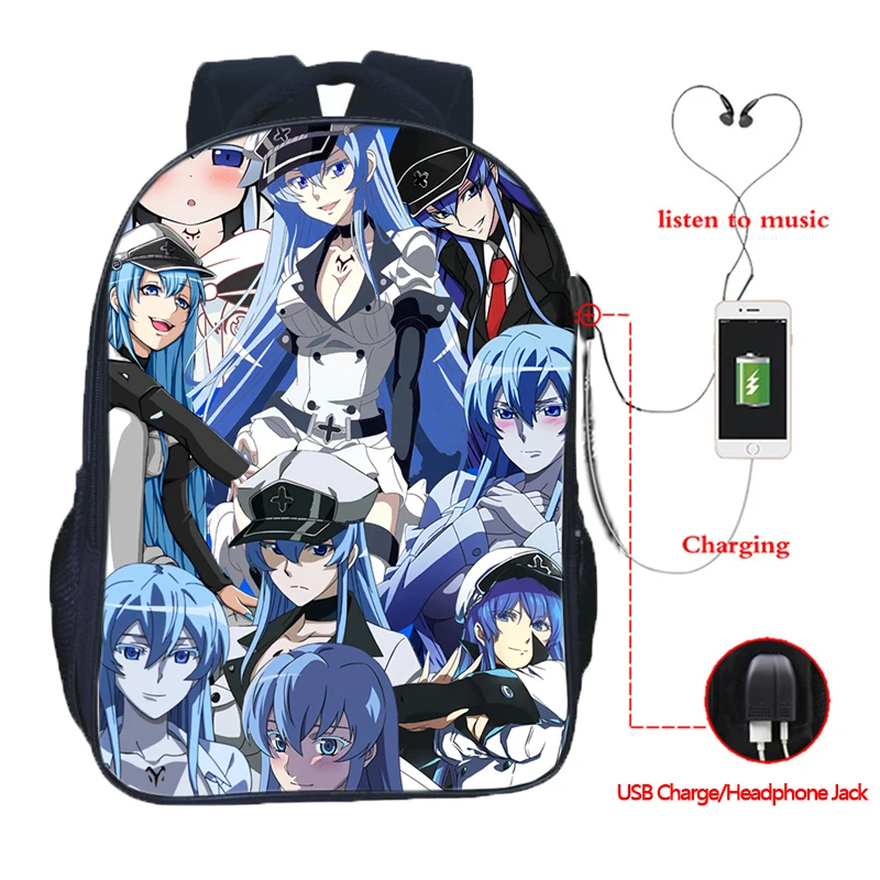 Akame Ga Kill! Usb Charge School Mochila Students Teens Double Pocket Backpack Fashion Men Women Travel Shoulder Rucksack