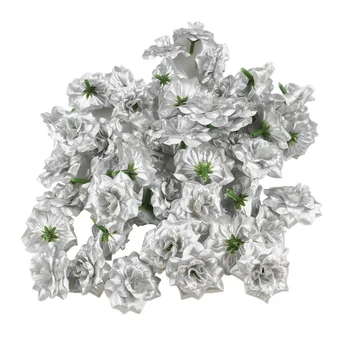 

50pcs Silk Rose Flower Heads for Hat Clothes Album Embellishment (Silver)