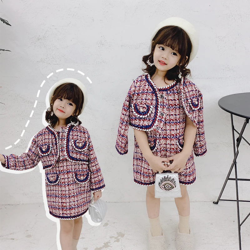 

Spring Autumn girls 2 pcs set baby coat + dress kids suit children brand clothes check woven gunny pocket pearl 2 to 7 yrs