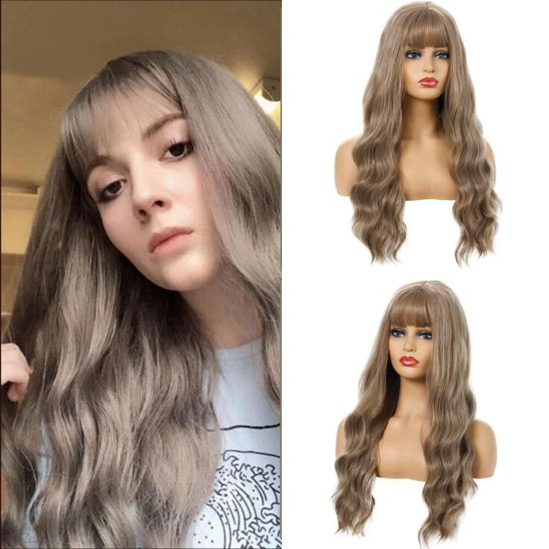 JOY&BEAUTY Ultra thin Bangs Long Curly Wig Synthetic Wigs Gray Black