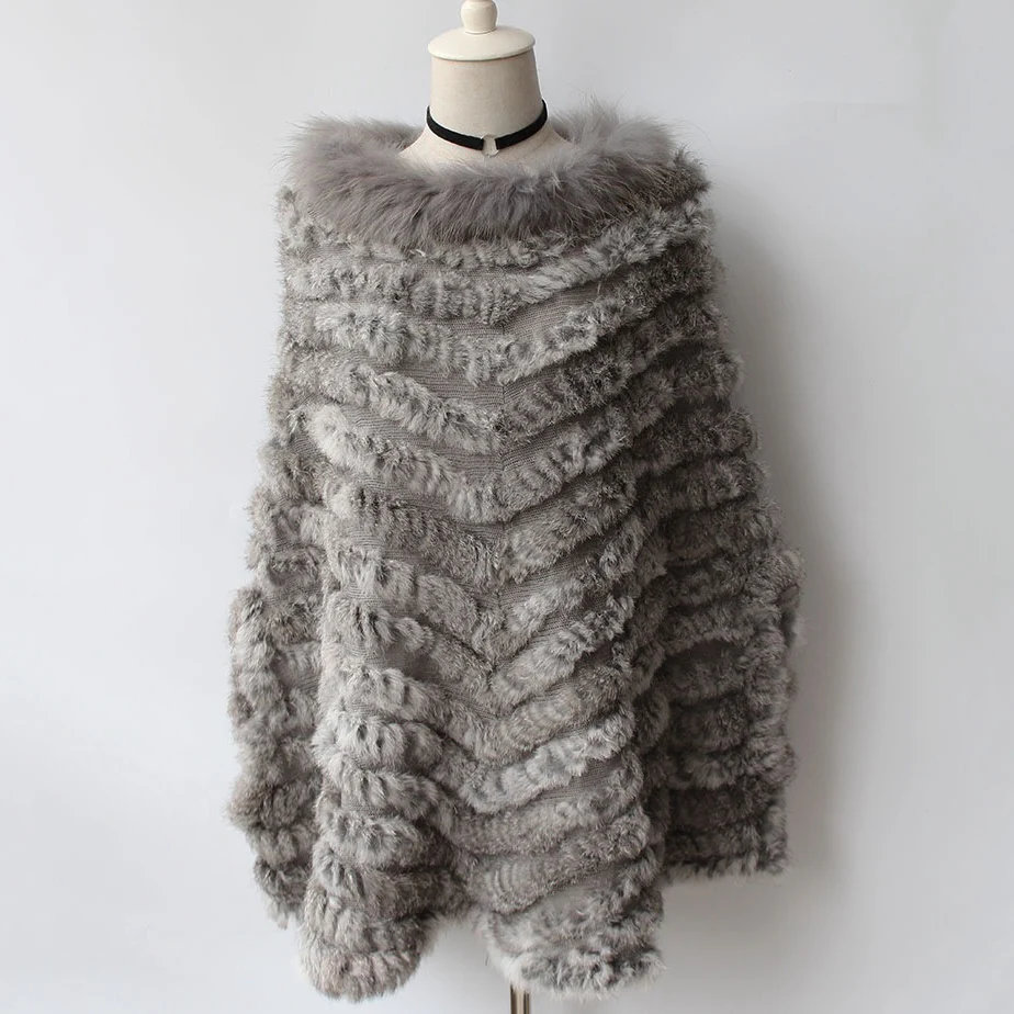 2021 Women Rabbit Fur Raccoon Fur Poncho Knitted Pullover Cape Real Fur Knitting Wraps Shawl Big Shawl lightweight puffer jacket