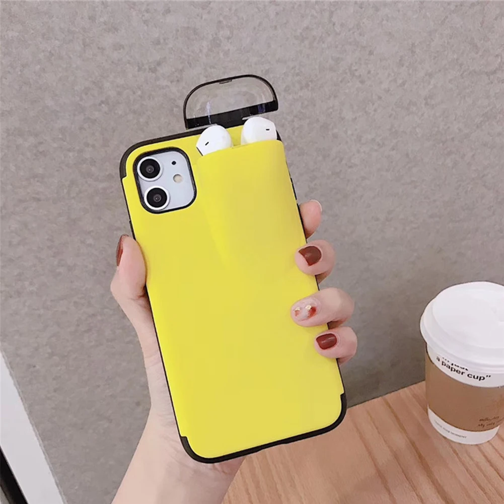 2 в 1 чехол для телефона, коробка для хранения наушников для iPhone 11 Pro XS MAX XR X 7 8 Plus Apple AirPods 1 2 мягкие силиконовые колпачки для гарнитуры - Цвет: Yellow