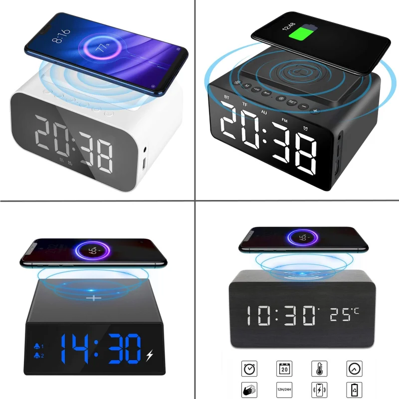 Alarm Clock Digital Bluetooth Speaker FM Radio Non Ticking With USB Charger &amp Wireless QI Charging 3 Level Desktop | Дом и сад