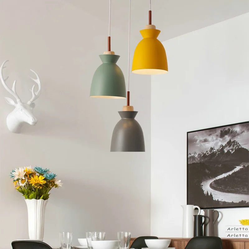 

Modern LED indoor and outdoor lighting Dining Room Pendant Lamp Colorful Restaurant Coffee Lighting Iron Solid Wood Holder