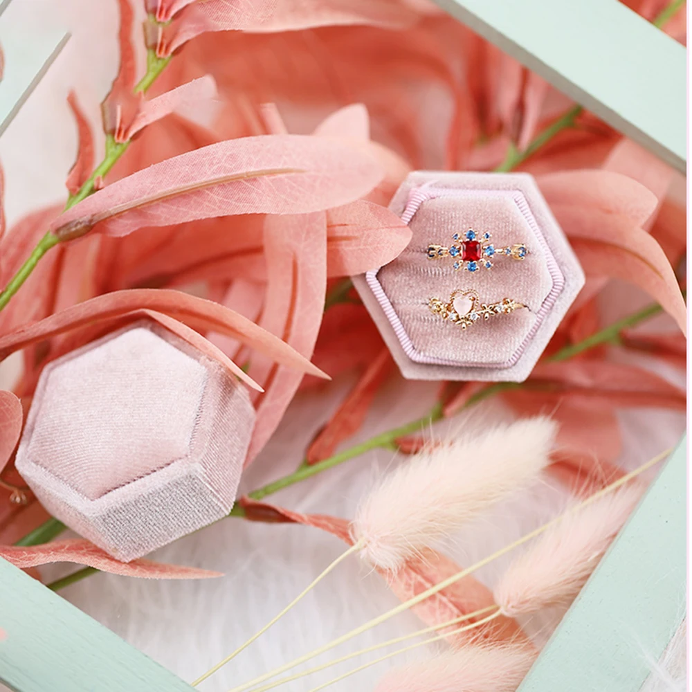 Lovely Hexagon Shape Velvet Jewelry Ring Box Double Storage Box Wedding Ring Display For Women Gift Earrings Packaging Pink