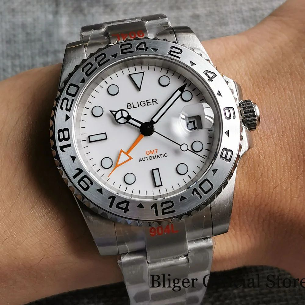 BLIGER Brand White GMT 40mm Automatic Men Watch Steel Bezel Brushed Oyster Strap Sapphire Glass Screwdown Crown | Наручные часы