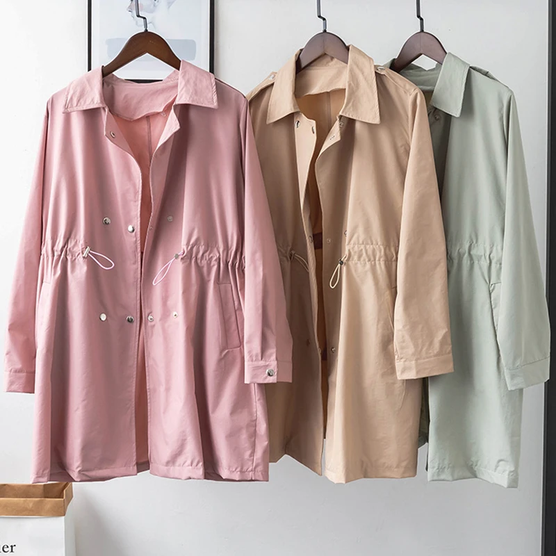

Fashion Women Coat Lapel Solid Color Waist Drawstring Long Windbreaker Female Autumn Wild Coats and Jackets Women